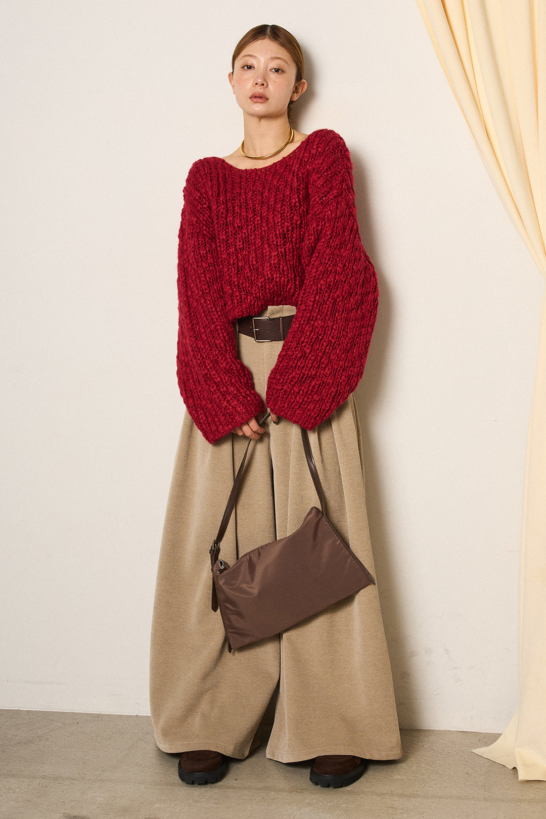 [SET]チャンキースラブニットクロップドプルオーバー+ベルトループコーデュロイワイドパンツ(2set)