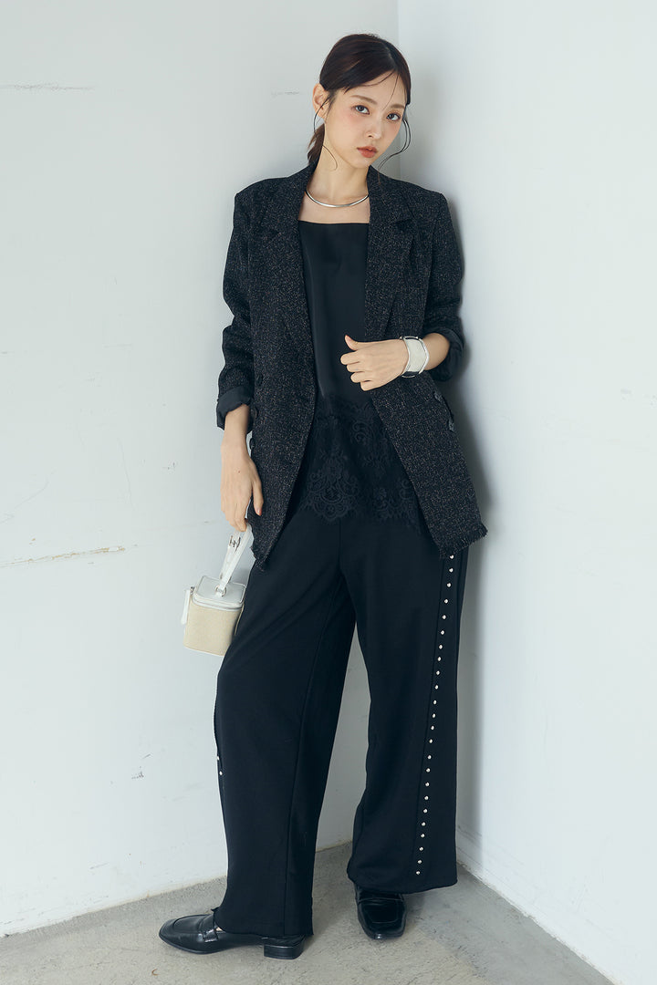 [SET]スラブネップツイードフリンジテーラードジャケット+サイドデザイン入りスウェットパンツ(2set)