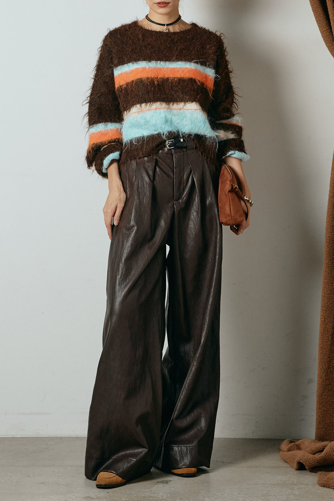 [SET]起毛配色マルチボーダーニットトップス+ベルト付きレザーライクタックパンツ(2set)