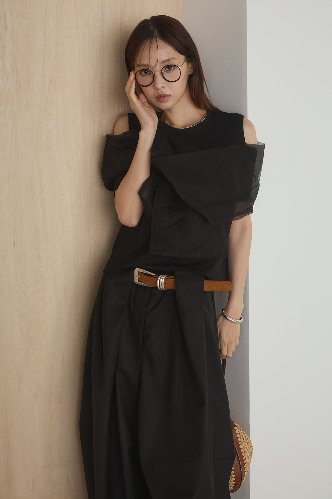 [SET]シアーレイヤーデザインカットソー+ベルトループワイドパンツ(2set)