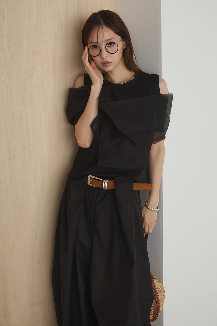 [SET]シアーレイヤーデザインカットソー+ベルトループワイドパンツ(2set)