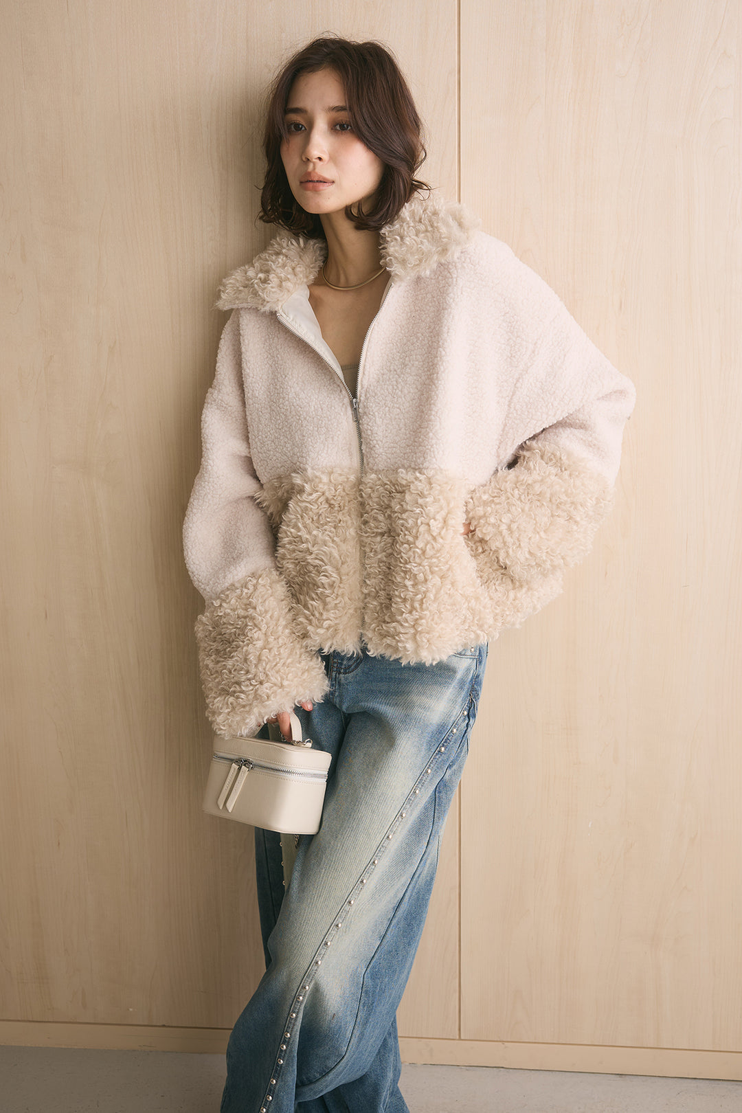[SET]ボア×プードルファーパッチワークブルゾン+スタッズデザインカーブデニムワイドパンツ(2set)