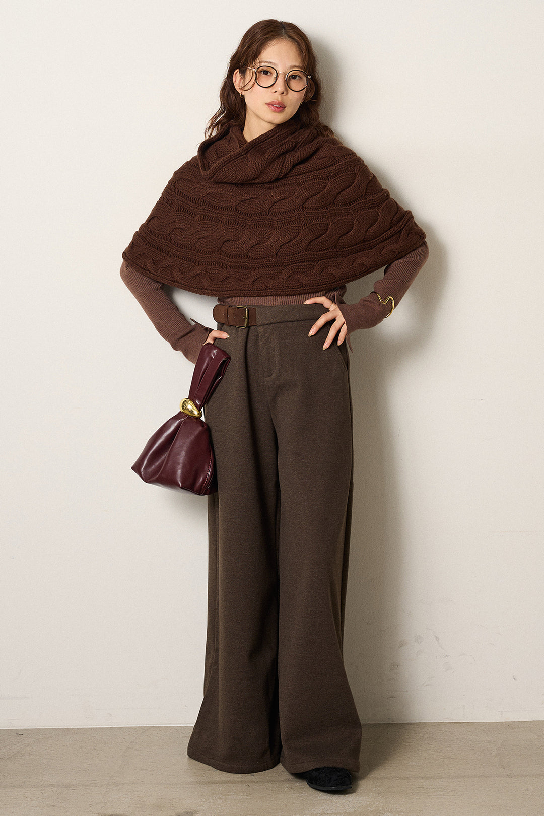 [SET]ケーブル編みケープレイヤードニット+サイドベルトパンツ(2set)