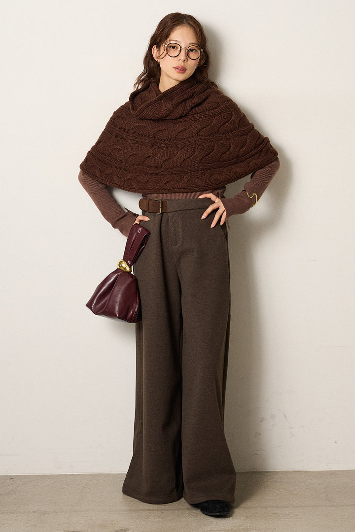 [SET]ケーブル編みケープレイヤードニット+サイドベルトパンツ(2set)