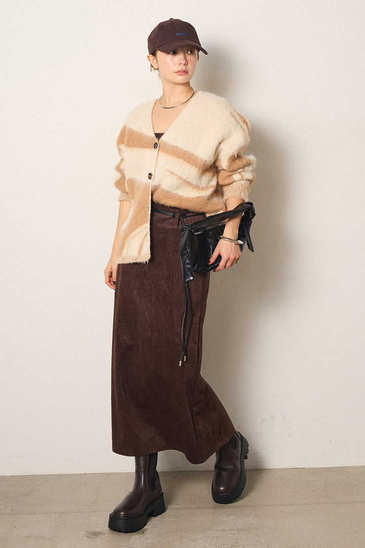 [SET]アクセントブラッシュドカーディガン+ロープベルト付きスウェード調スカート(2set)