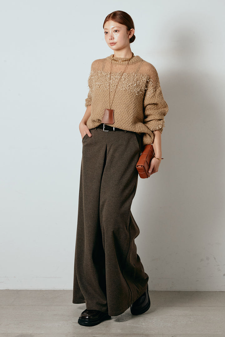 [SET]パターンランダム編みニットトップス+ベルト付きフロントタックデザインパンツ(2set)