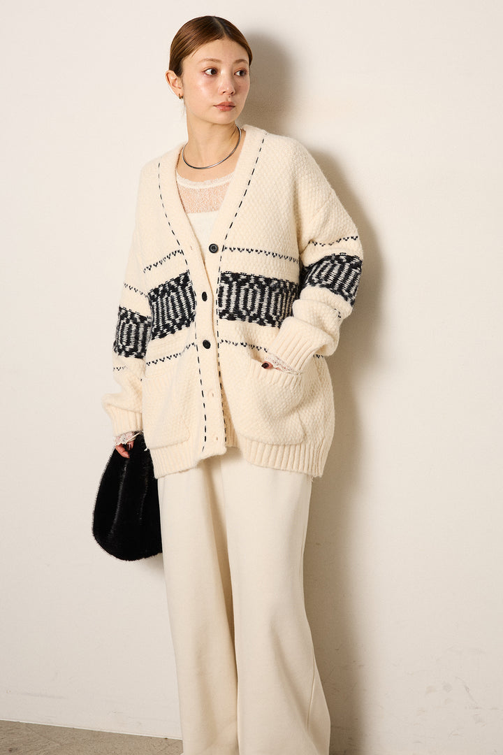 [SET]ライン柄ステッチニットカーディガン+2WAY袖コード刺繍クルーネックプルオーバー+裏起毛スウェットワイドパンツ(3set)