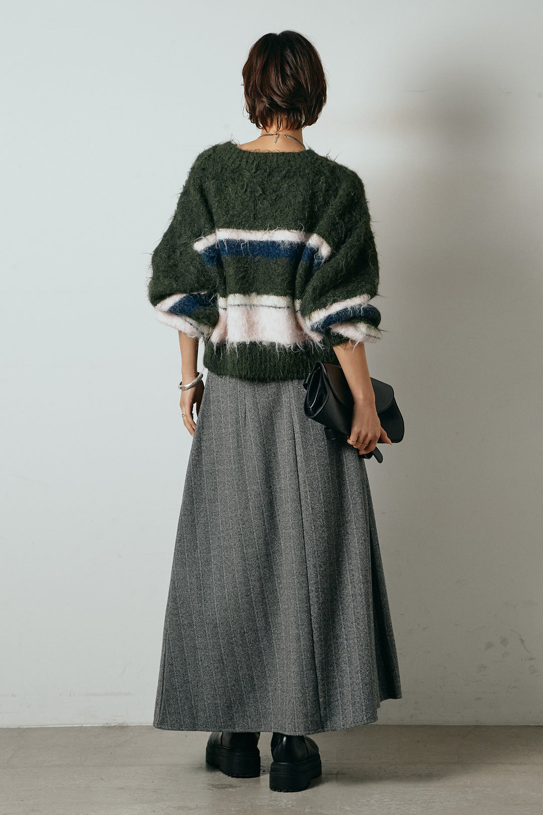 [SET]起毛配色マルチボーダーニットトップス+太ベルト付きヘリンボーンプリーツスカート(2set)
