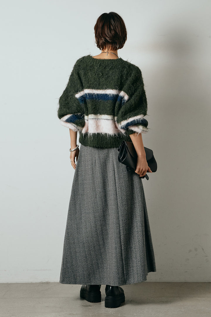 [SET]起毛配色マルチボーダーニットトップス+太ベルト付きヘリンボーンプリーツスカート(2set)