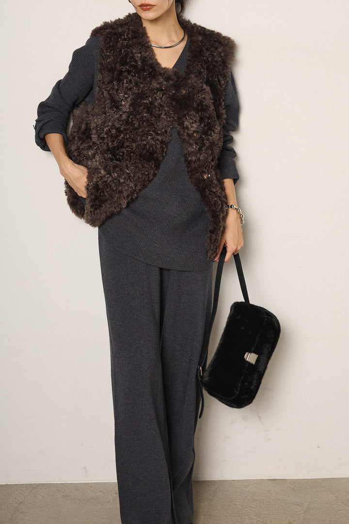 [SET]リラックスワッフルニットSETUP+ノーカラーエコファーベスト(2set)