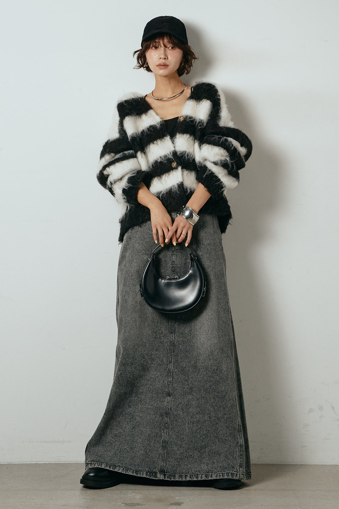 [SET]シャギーボーダー柄ニットカーディガン+デニムロングフレアスカート(2set)