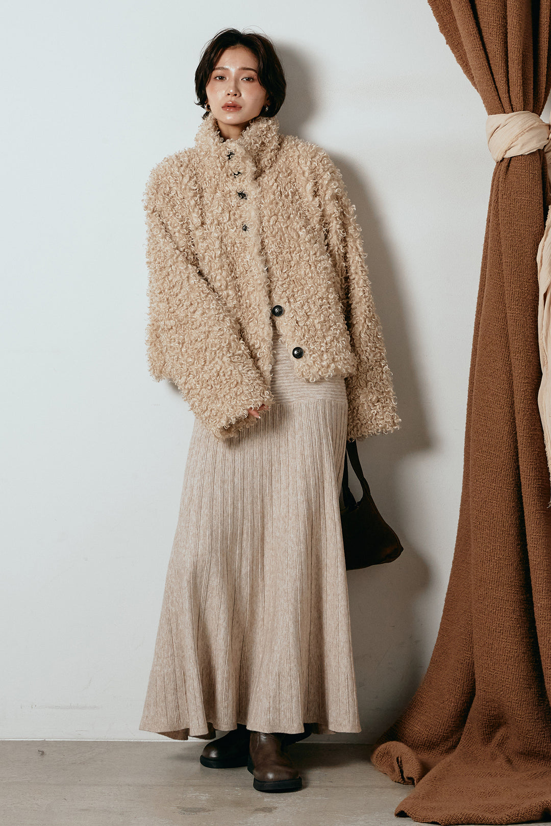 [SET]プードルファーミドルジャケット+編み地切り替えフレアニットスカート(2set)