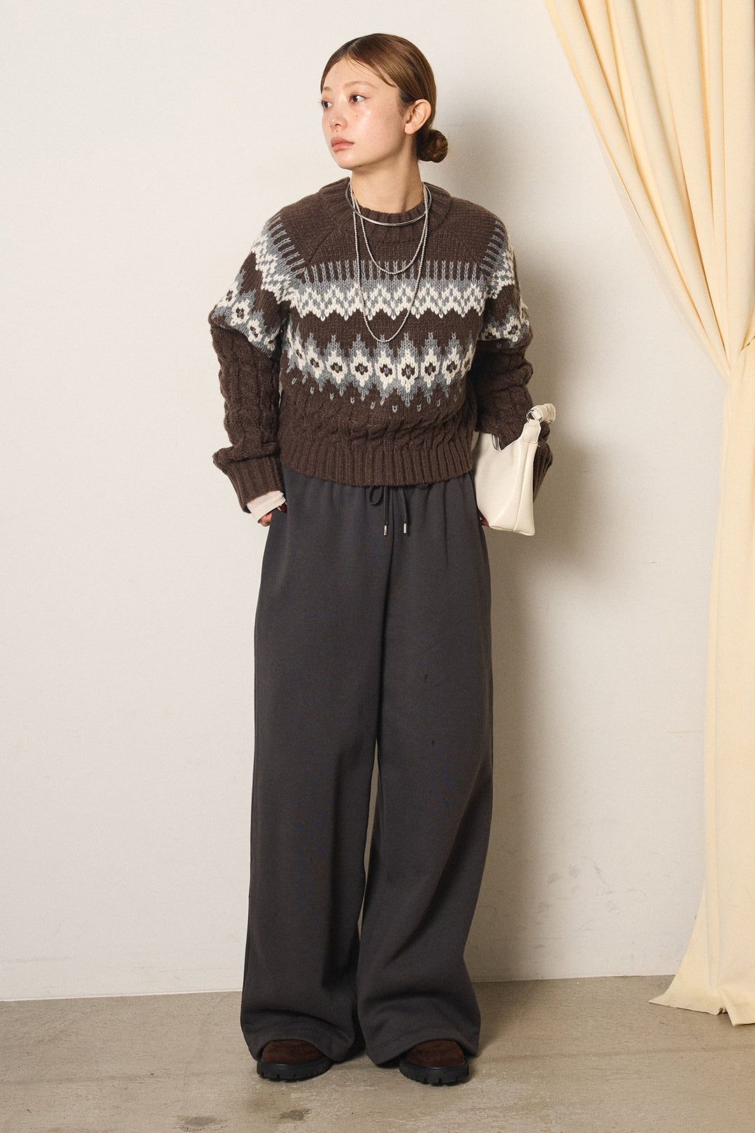 [SET]2WAY求心柄ジャガードショートカーディガン+裏起毛スウェットワイドパンツ+2WAY袖コード刺繍クルーネックプルオーバー(3set)