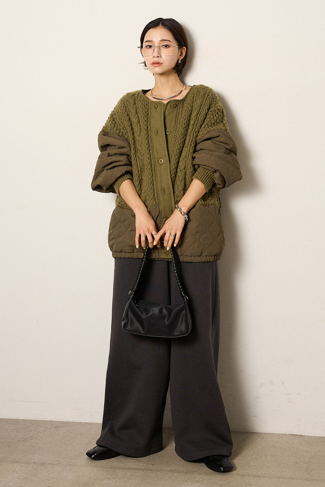 [SET]アラン編みニットノーカラー裾キルティングブルゾン+裏起毛スウェットワイドパンツ(2set)