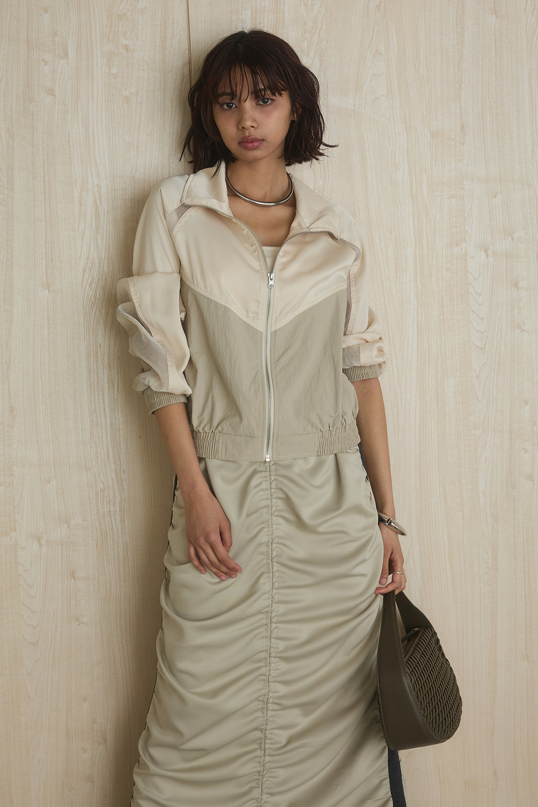 [SET]異素材切替ZIPブルゾン+サイドラインギャザースカート(2set)