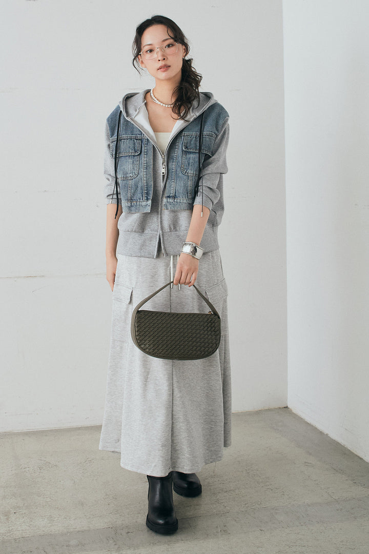 [SET]デニム切替ポンチダブルジップパーカー+リラックススウェットスカート(2set)