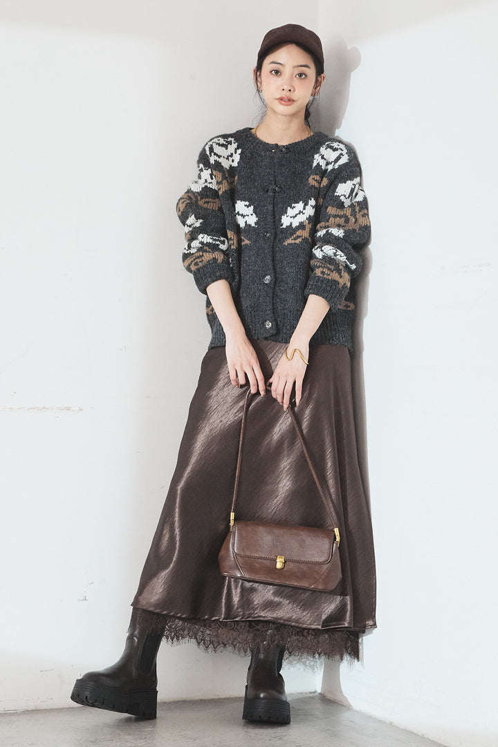 [SET]花柄ジャガードニットカーディガン+裾レースデザインサテンスカート(2set)