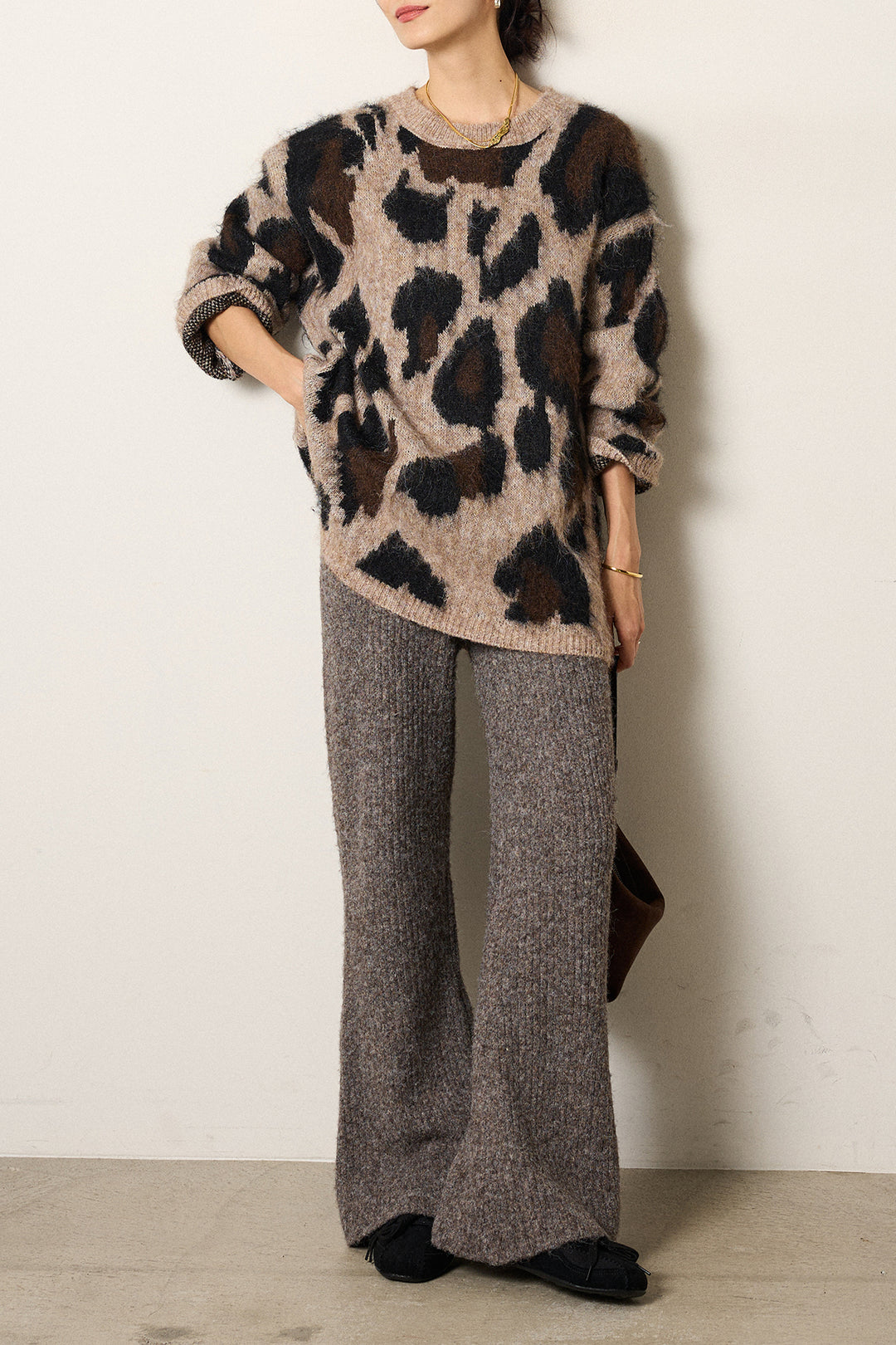 [SET]ルーズアニマルモヘアニットトップス+杢ニットリブフレアパンツ(2set)