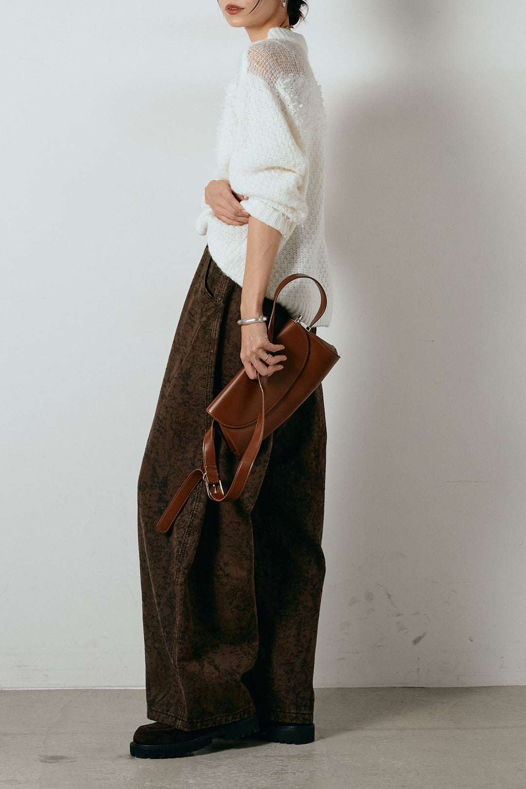 [SET]パターンランダム編みニットトップス+ベルト付きニュアンス柄カーブワイドパンツ(2set)