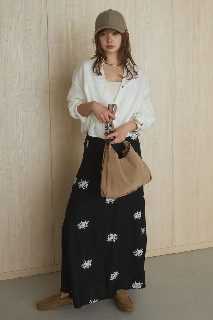 [SET]麻混襟付きトップス+レースコンビフラワー刺繍柄スカート(2set)