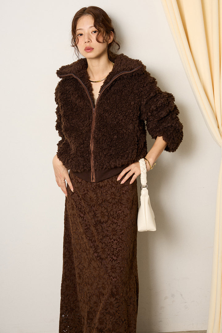 [SET]スタンドカラー裾リブボアブルゾン+花柄刺繍ベロアフレアスカート(2set)