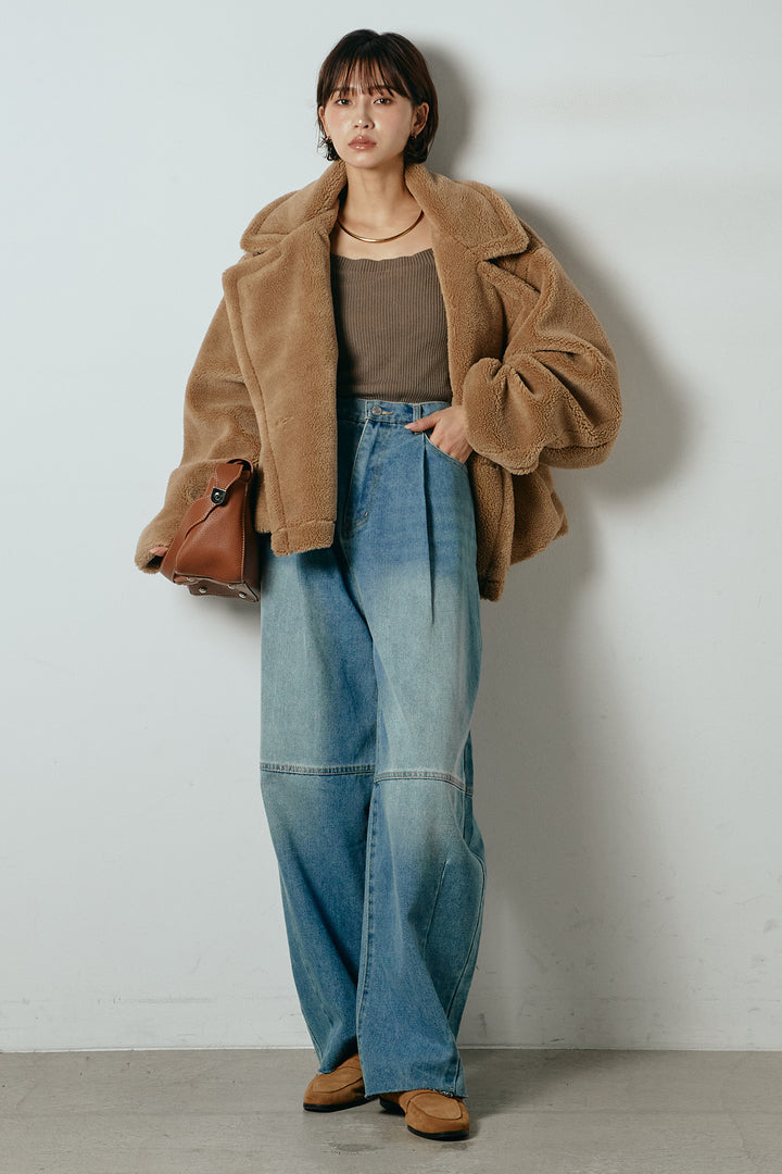 【2月中旬発送】
[SET]テディボアショートジャケット+加工デニムタックコクーンワイドパンツ(2set)