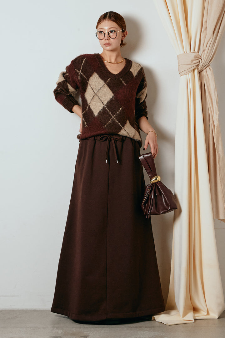 [SET]アクリルモヘアアーガイルVネックプルオーバー+裏起毛スウェットロングマキシスカート(2set)