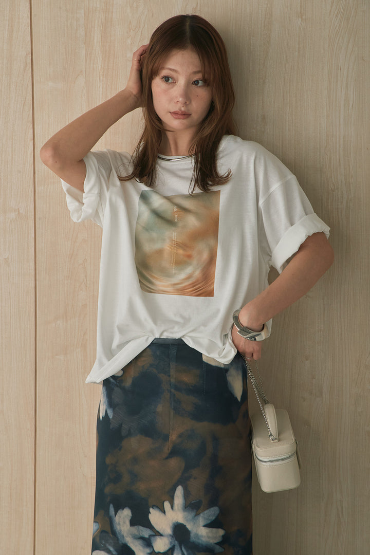 [SET]MarbleプリントTシャツ+ニュアンス花柄スカート(2set)
