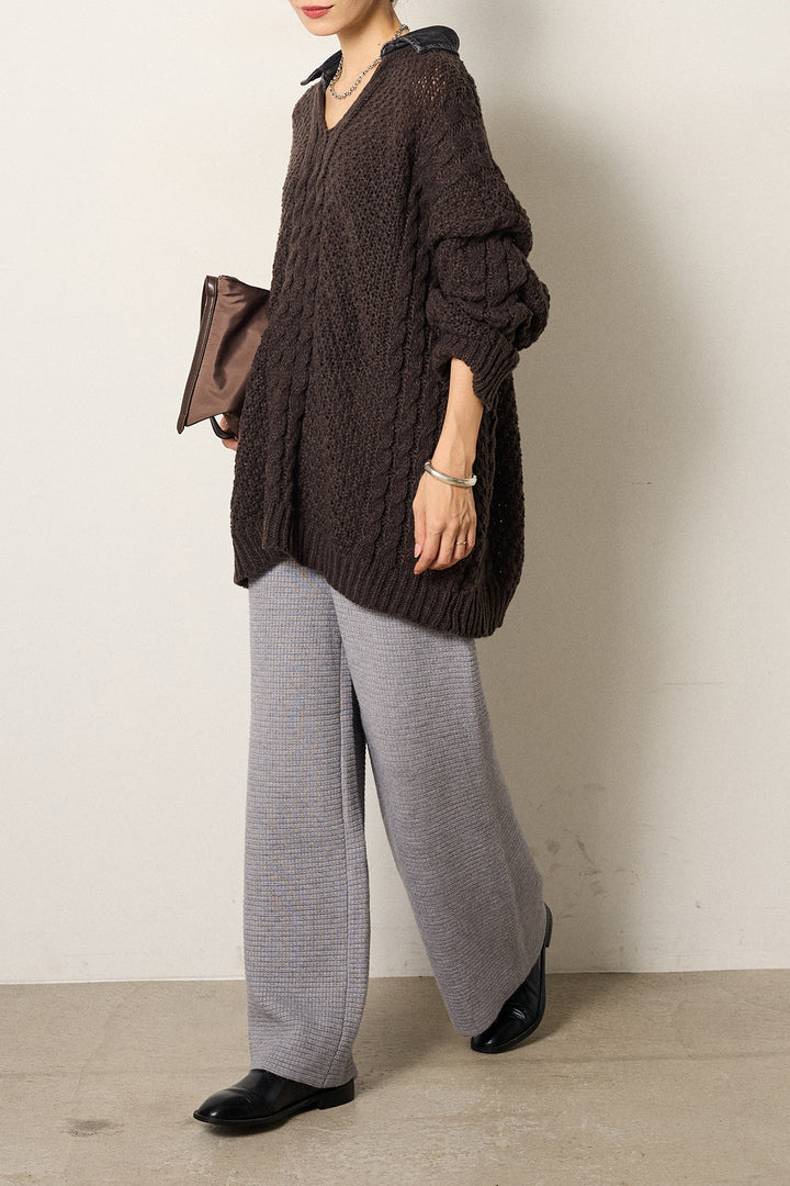 [SET]デニムカラーケーブルオーバーニット+ワイドリブニットイージーパンツ(2set)