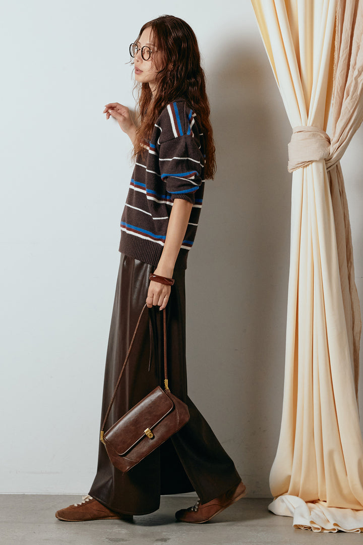 [SET]襟付きマルチボーダーニットポロトップス+紐付きフェイクレザーワイドスカート(2set)