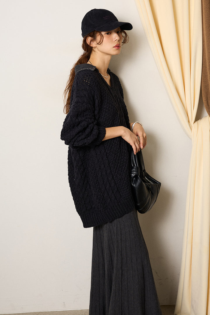 [SET]デニムカラーケーブルオーバーニット+編み地切り替えフレアニットスカート(2set)