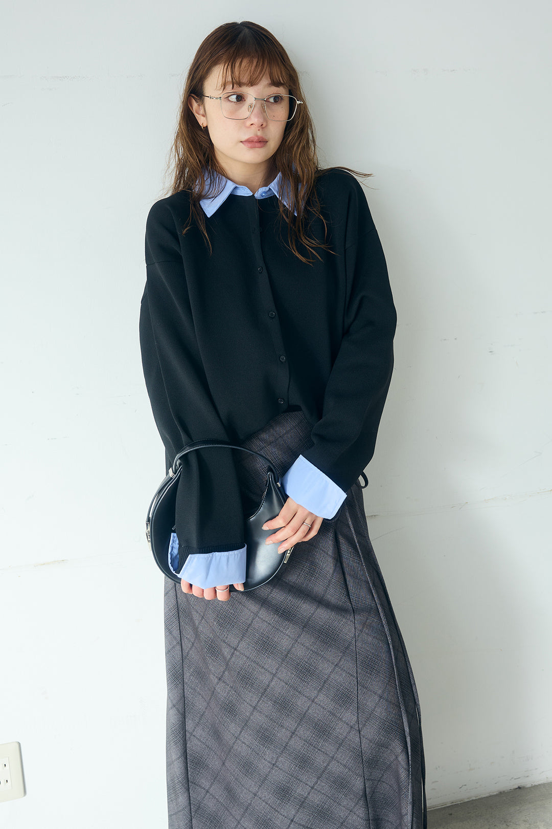 [SET]シャツレイヤード風カーディガン+タータンチェック柄フロントデザインスカート(2set)