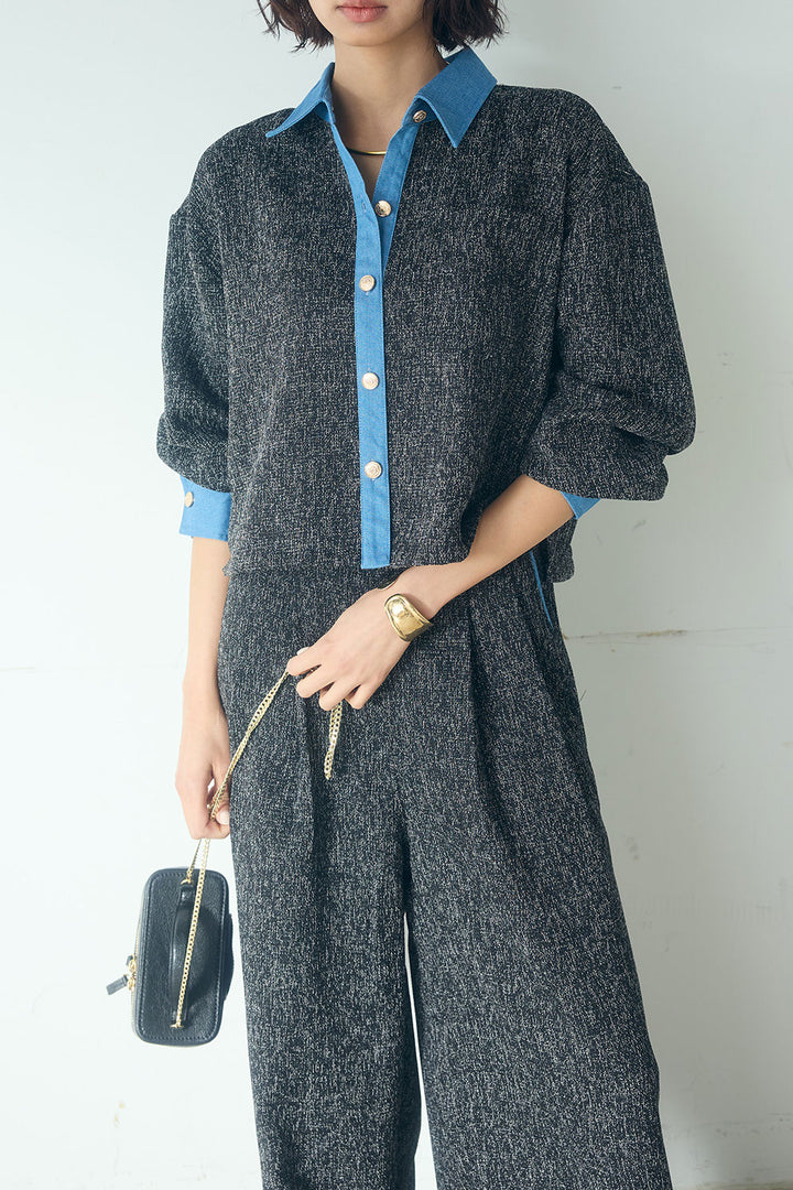 [SET]ツイード×デニムショート丈シャツ+ツイード×デニムハイウエストラインロングパンツ(2set)