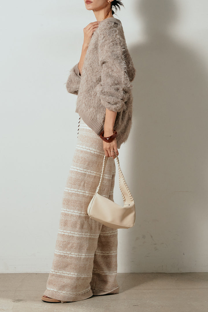 [SET]襟付きシャギーニットポロトップス+マルチライン柄リラックスニットパンツ(2set)