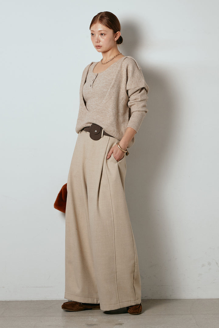 [SET]襟付きレイヤードニットトップス+ポーチベルト付きカーブパンツ(2set)