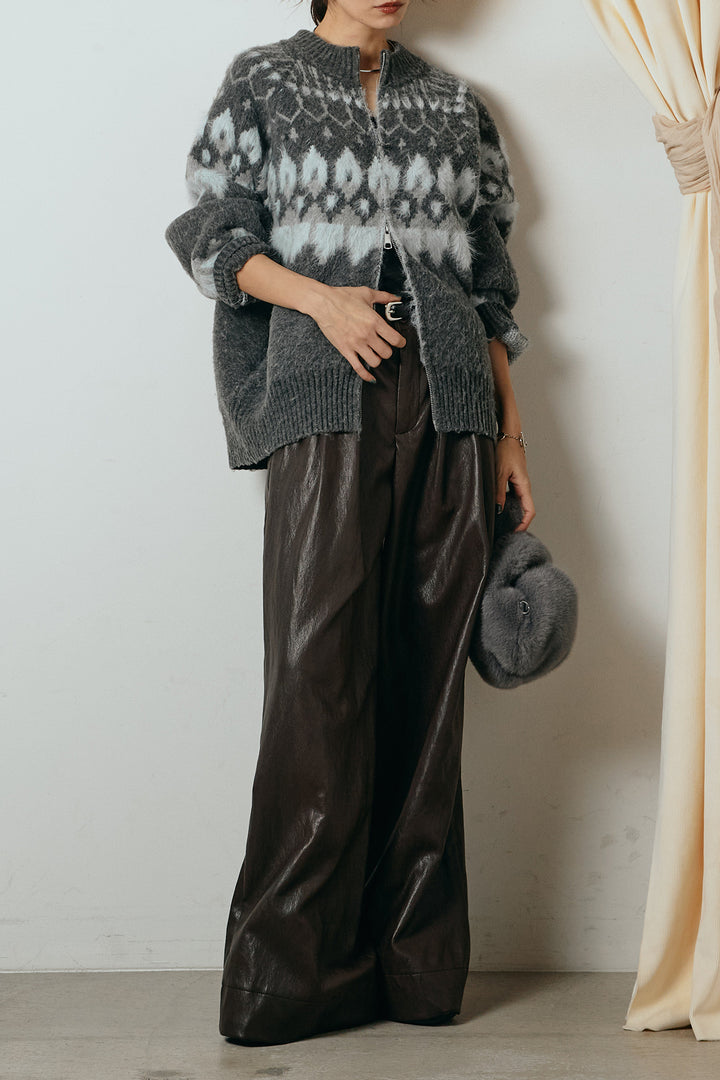 [SET]起毛ダブルジップパターンニットカーディガン+ベルト付きレザーライクタックパンツ(2set)