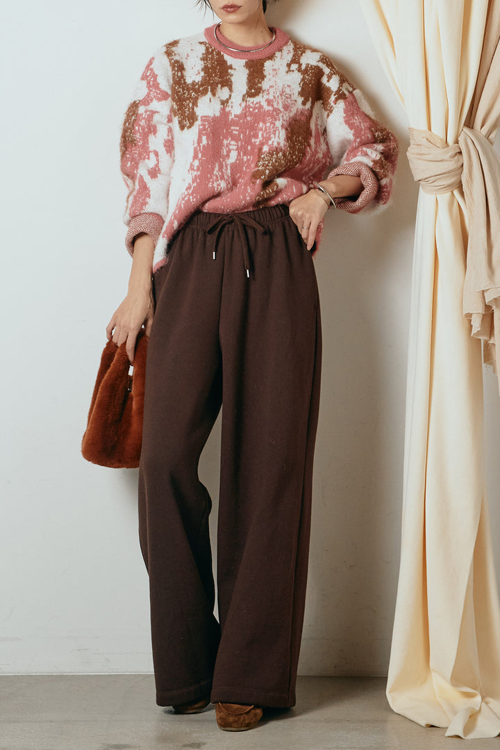 [SET]起毛ニュアンス柄ニットプルオーバー+裏起毛スウェットワイドパンツ(2set)