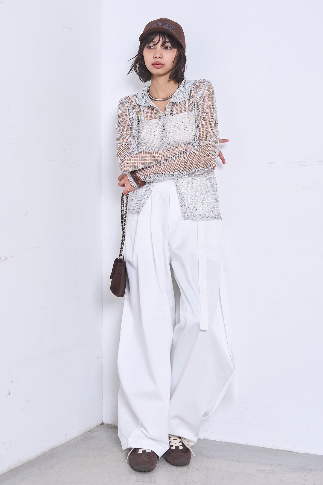 [SET]ネップメッシュポロ襟カーディガン+紐ベルト付きカーブワイドパンツ(2set)