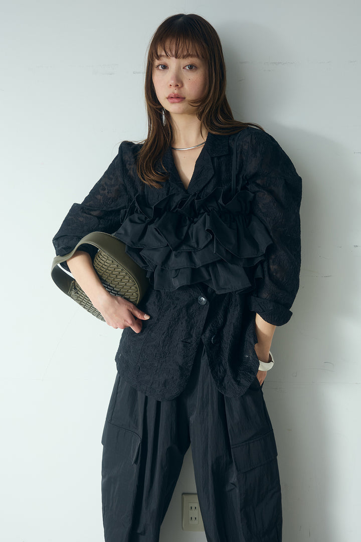 [SET]刺繍シアーテーラードジャケット+撥水フリルビスチェ+撥水ジョガーパンツ(3set)