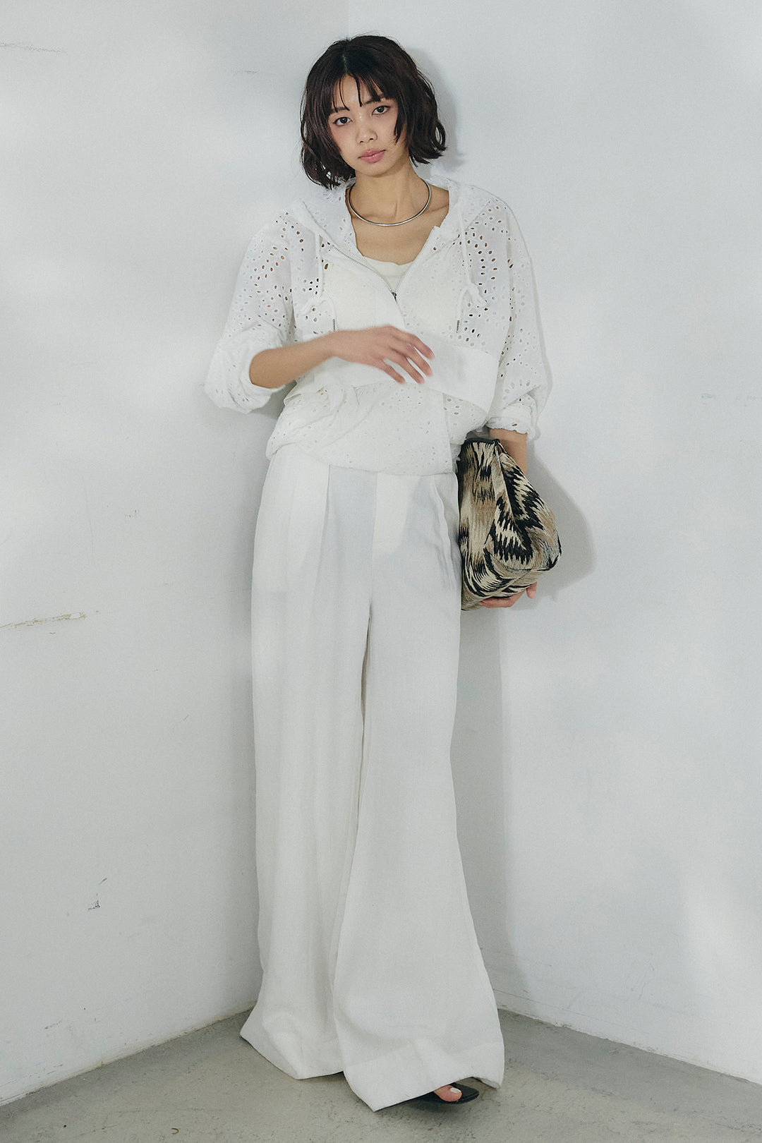 [SET]レースハーフジップアップフーディー+リネン混タックストレートワイドパンツ(2set)