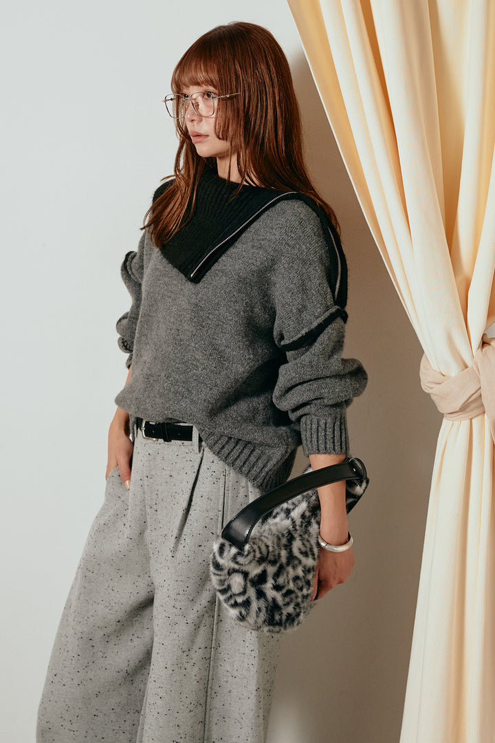 [SET]ハイネックジップデザインニットトップス+ベルト付きネップツイードカーブパンツ(2set)