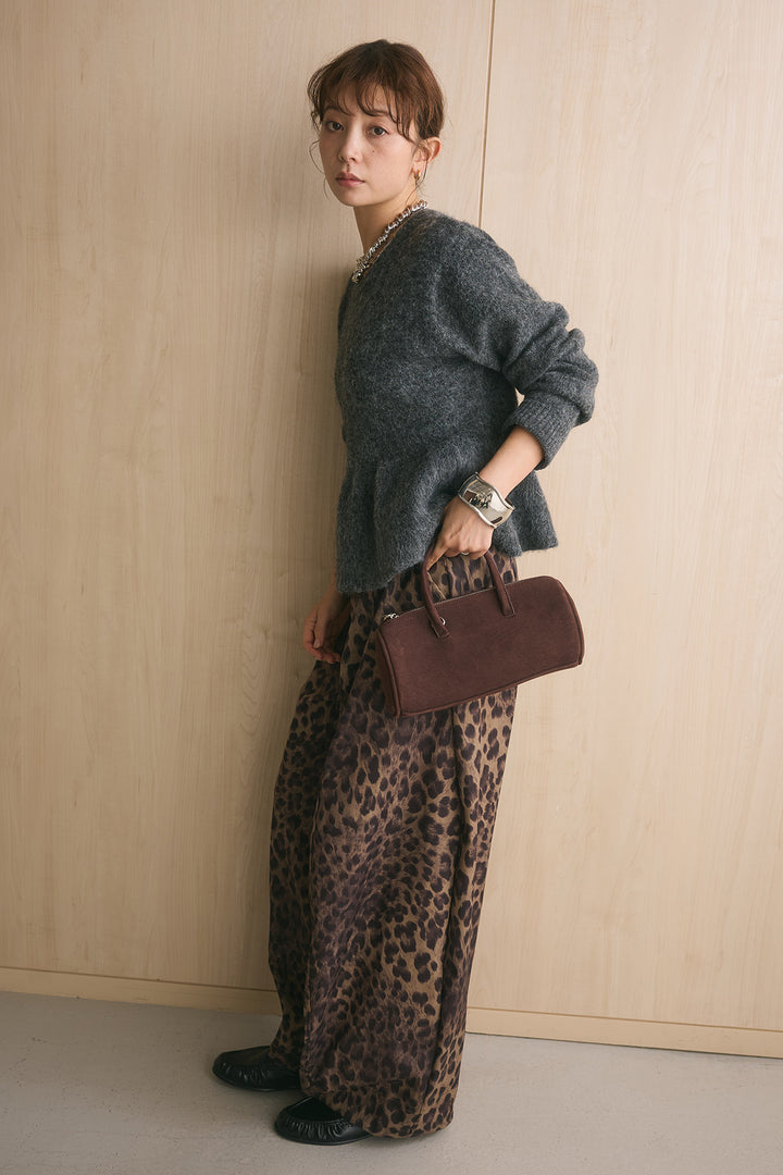 [SET]モヘアぺプラムクルーネックプルオーバー+太ベルト付きレオパード柄ワイドパンツ(2set)