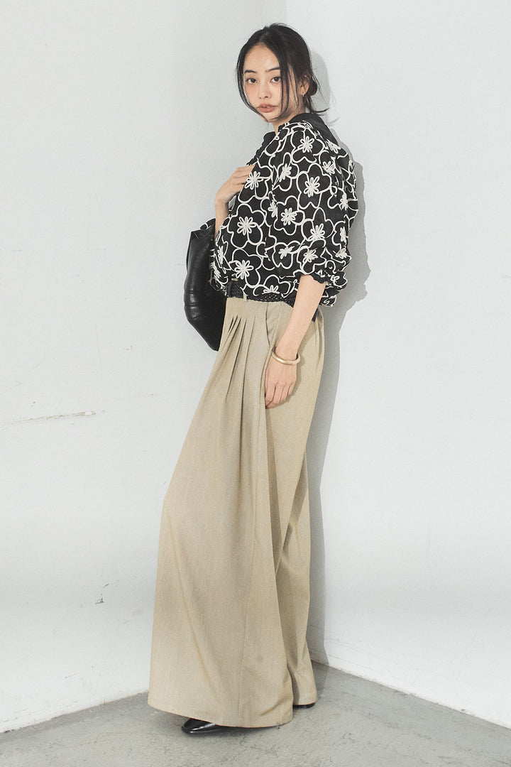 [SET]シアーフラワーフードブルゾン+編みベルト付きウエストタックワイドパンツ(2set)