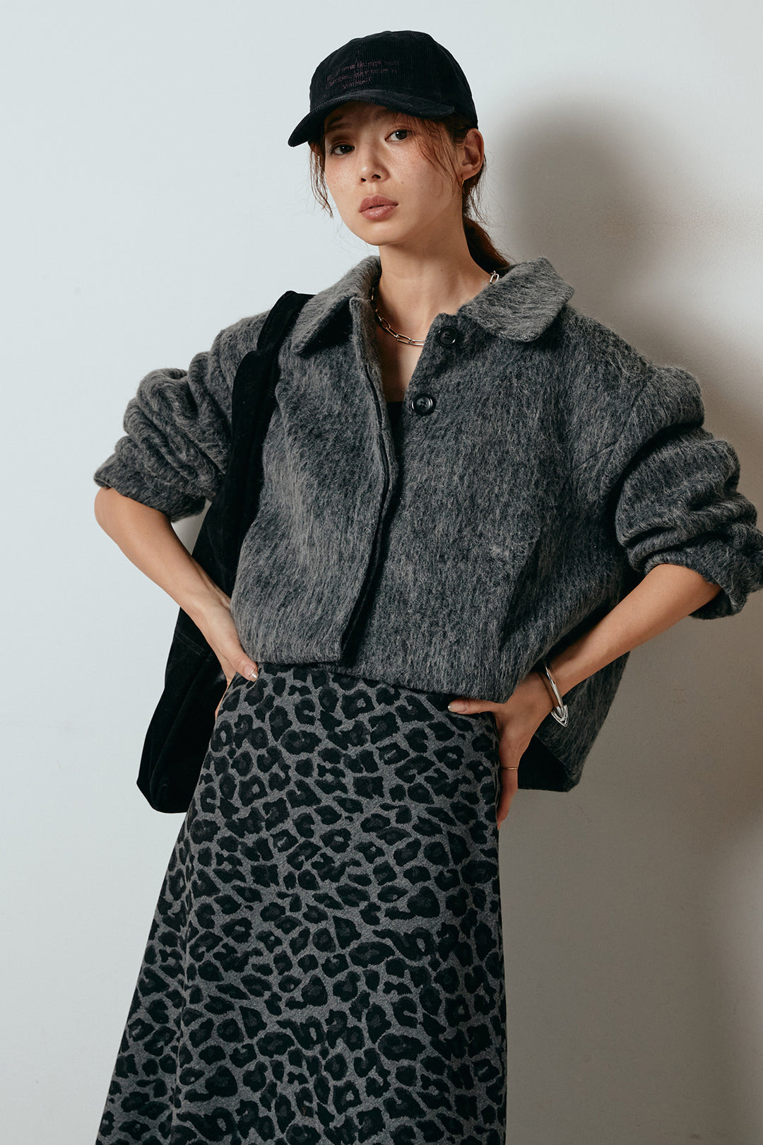 [SET]シャギーショートジャケット+レオパードロングスカート(2set)