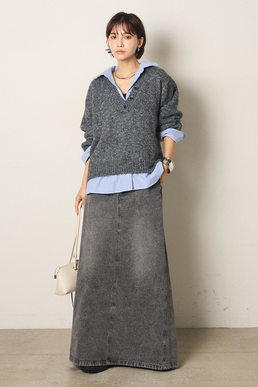 [SET]ストライプシャツドッキングニットポロトップス+デニムロングフレアスカート(2set)