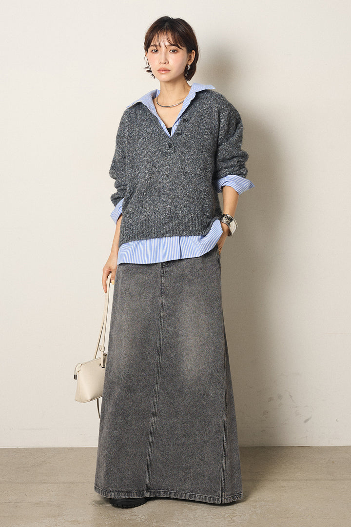 [SET]ストライプシャツドッキングニットポロトップス+デニムロングフレアスカート(2set)