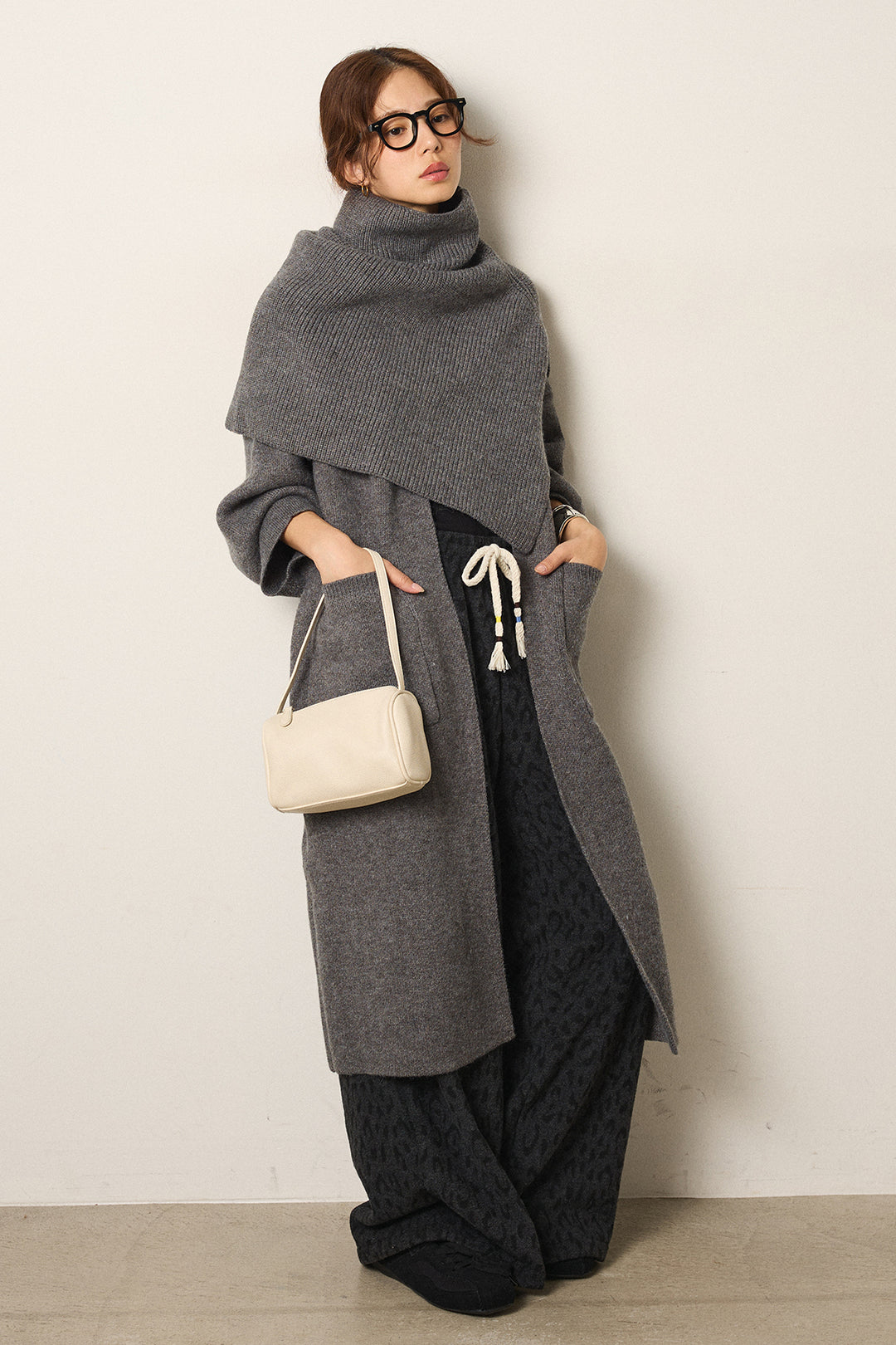 [SET]ケープレイヤードロングカーディガン+レオパードジャガードニットパンツ(2set)