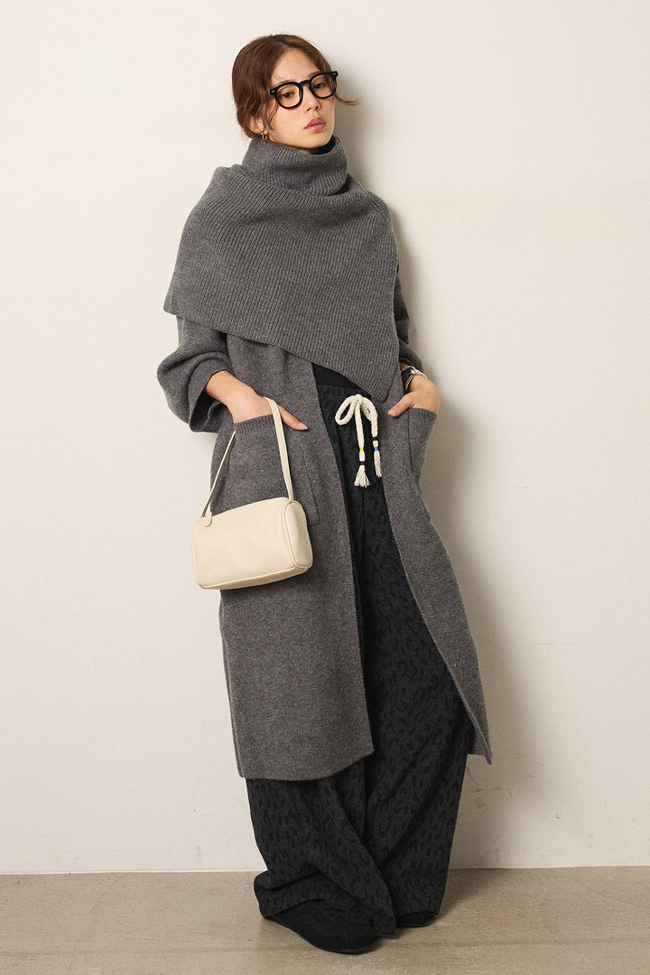 [SET]ケープレイヤードロングカーディガン+レオパードジャガードニットパンツ(2set)