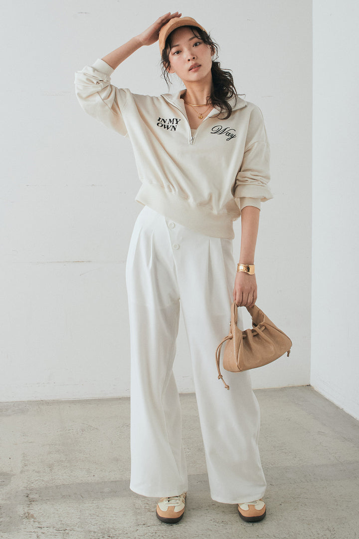 [SET]裏毛ロゴ刺繍ハーフZIPスウェット+斜めボタンタック入りスラックス(2set)