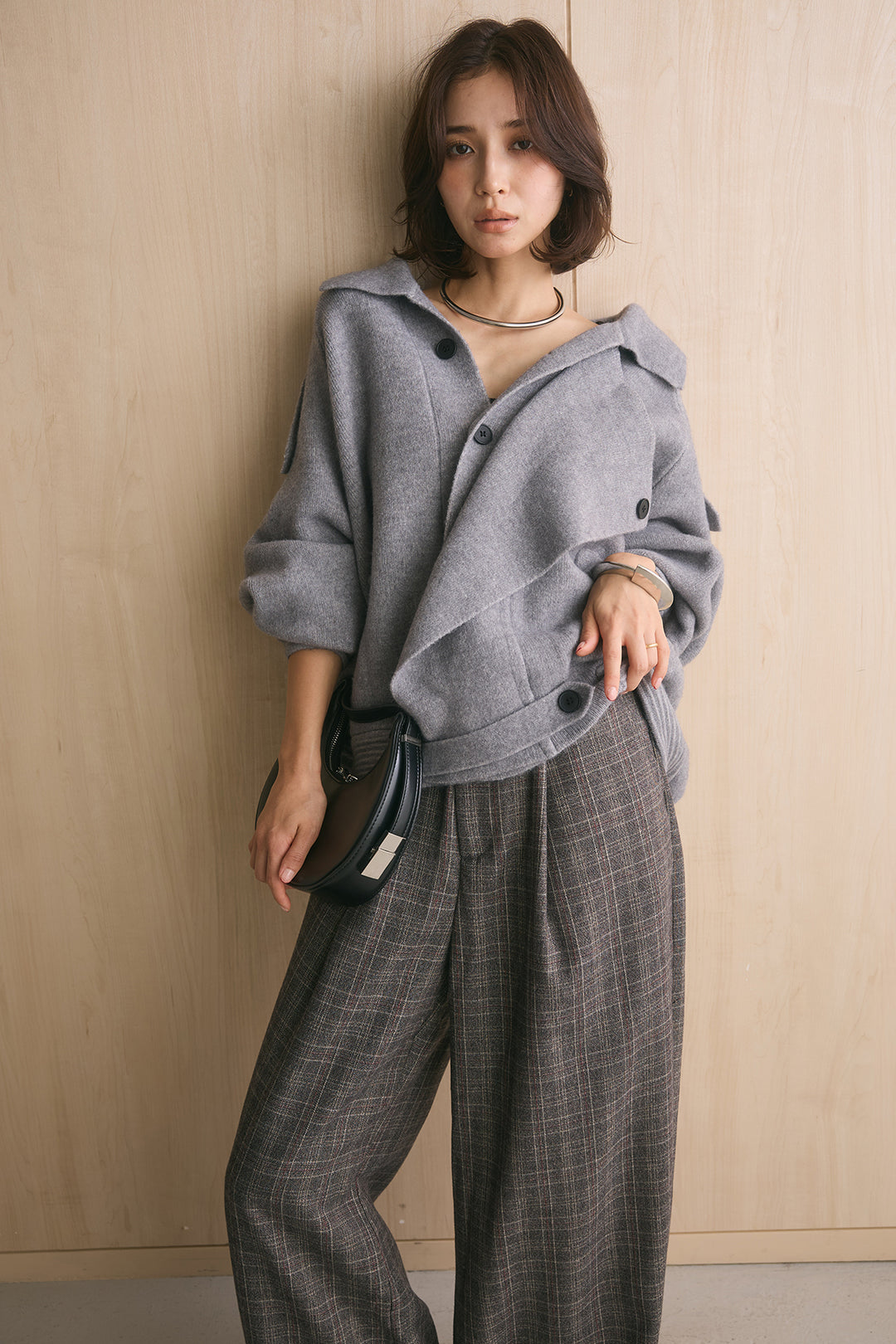 [SET]アシンメトリーデザインオーバーニットアウター+杢調ウィンドペンチェックタックパンツ(2set)